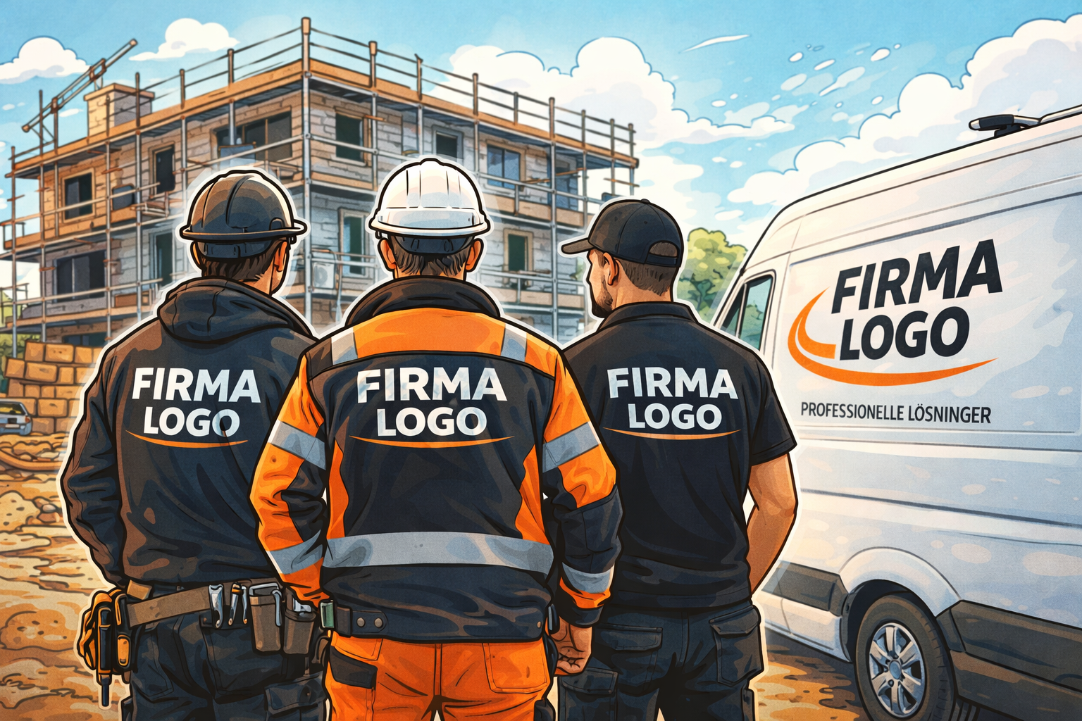 Håndværkere i arbejdstøj med logo foran byggeplads – branding via profilbeklædning